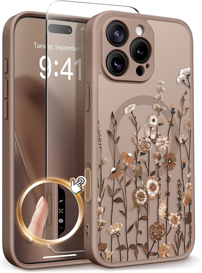 GVIEWIN for iPhone 16 Pro Max Case Compatible with MagSafe, [Military Grade Protection] [Screen Protector] Full Camera Protection Floral Translucent Women Magnetic Phone Case, Floratopia/Brown
