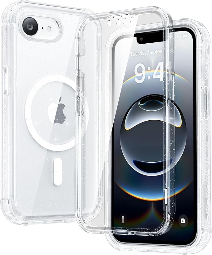 Diaclara Magnetic Designed for iPhone 16e Case, Full Body Rugged Case with Built-in Touch Sensitive Anti-Scratch Screen Protector, Soft TPU Bumper Waterproof Case (Clear Glitter)
