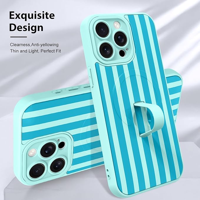 KANGHAR Compatible with iPhone 15 Pro Case, Support for MagSafe, Silicone Stripes Cute Pattern, Wristband Kickstand Camera Protection Soft Slim Cover for Girls Women -Blue