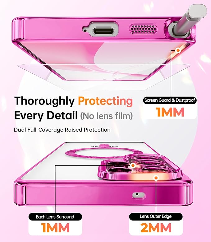 Meifigno Case Designed for Samsung Galaxy S25 Ultra 6.9 inch, [Compatible with MagSafe] [2X HD Screen Protectors] [Glitter Card & Wrist Strap] Full Lens Protection Case for Galaxy S25 Ultra, Hot Pink