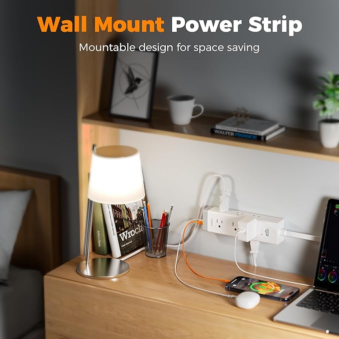 TESSAN Surge Protector Power Strip PD 20W, Ultra Thin Flat Plug 6 FT Extension Cord, 9 Outlets 4 USB(2 USB C), 1050J, 1875W 15A, Multiple Outlets Charging Station for Home, Office, College Dorm Room