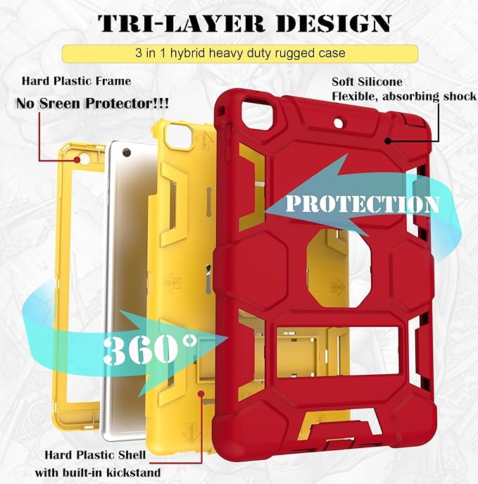 CCMAO for iPad 6th/ 5th Generation Case 2018/2017, iPad Air 2 Case 2014, iPad 9.7 '' Case, Heavy Duty Shockproof Rugged Protective iPad 5 6 Gen Cover with Kickstand, Red+Gold