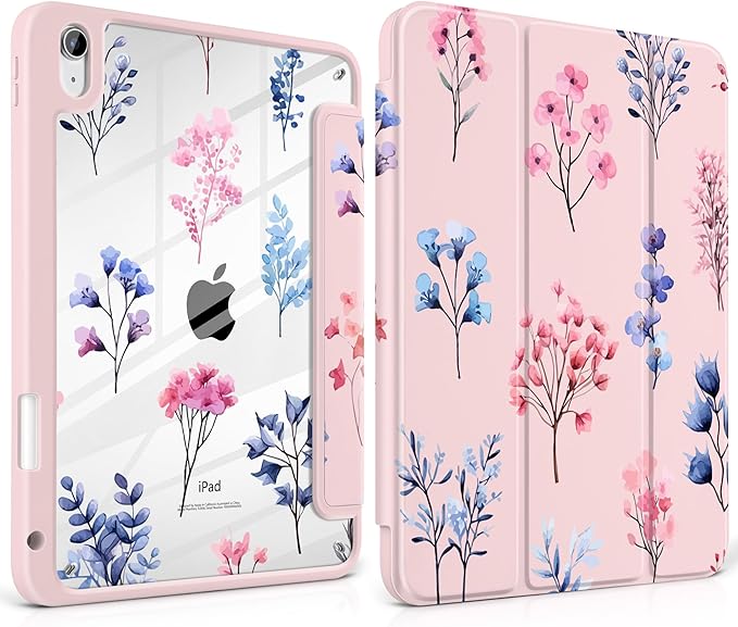 Case for iPad Air 11 inch M4 2026 M3 2025 M2 2024 Release with Pencil Holder Clear Back Shell Pink Lightweight Shockproof TPU Edge Trifold Stand Auto Wake Sleep Cute Cover, Hand-Drawn Florals