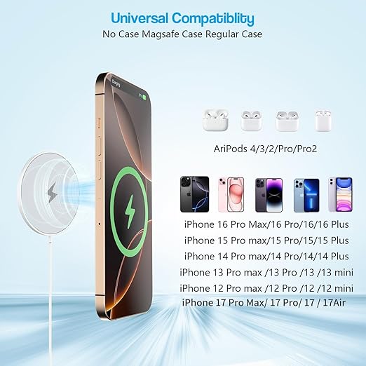 10FT Magnetic Wireless Charger,15W Fast Apple Mag-Safe Charger for iPhone 17/16/15 PD with USBC Apple Fast Charging Block 10Foot Quick Charge for iPhone 17/17 Air/17 16 15 Pro/Pro Max/14/13/12/AirPods