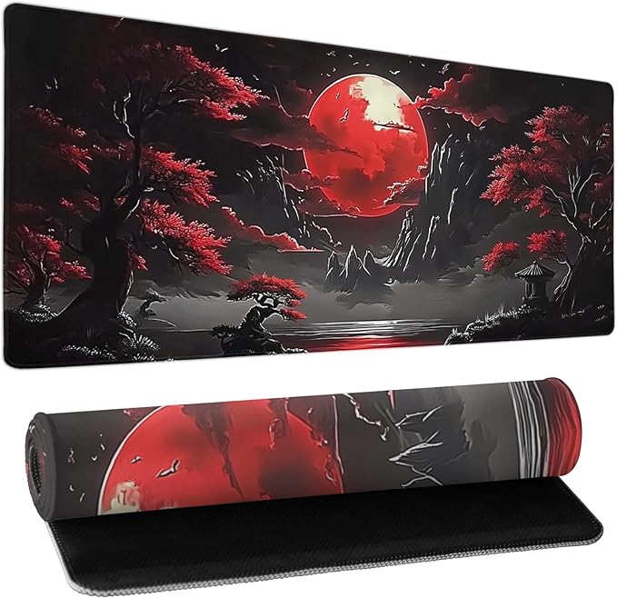 Riverside Full Moon Desk Mat Japanese Desk Pad Mouse Pad Extended Large XL Keyboard Pad 31.5"x11.8" Anime Gaming Mousepad Keyboard Full Desk Mat with Non-Slip Rubber Base Stitched Edge for Home Office