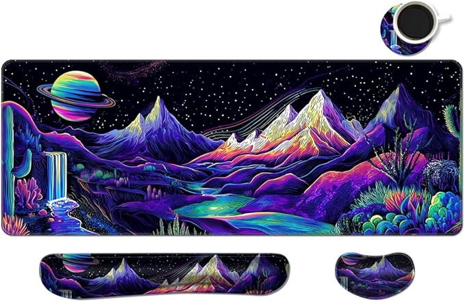 Desk Mat, Large Gaming Mouse Pad with Wrist Rest, 4 in1 XXL Mouse pad+Keyboard Wrist Rest+Mouse Pad Wrist Support+Cup Coaster Set, Ergonomic Desk Pad for Home Office, Neon Landscape