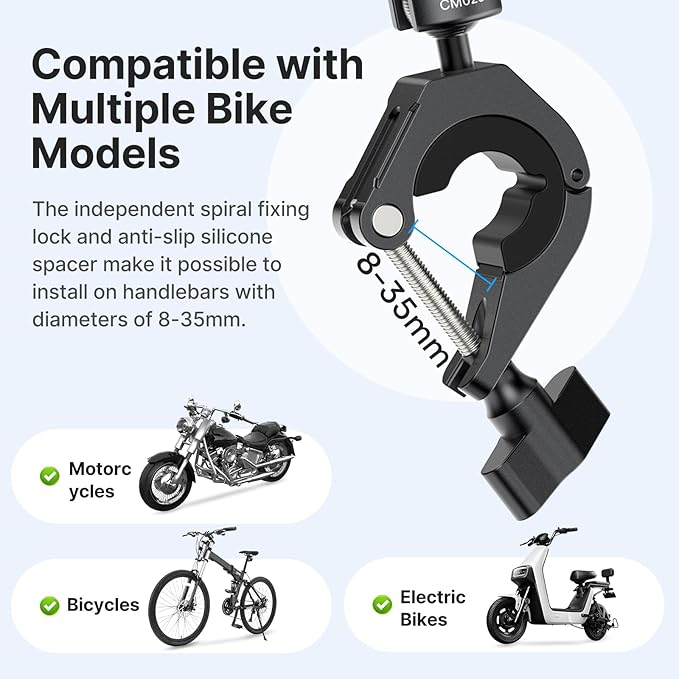 ULANZI Goquick Bicycle Bracket for Action Camera 360°Motorcycle Camera Mount for Bike Holder Handlebar Mount w Adpter for Hero Action Cameras Φ8~35mm