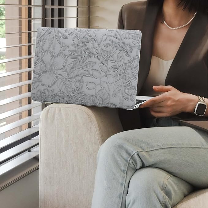 iCasso Compatible with MacBook Air 13 inch Case 2020 2019 2018 Release A1932 A2179 M1 A2337, Texture Leather Plastic Hard Shell Case + Keyboard Cover + Screen Protector, Grey Embossed Floral
