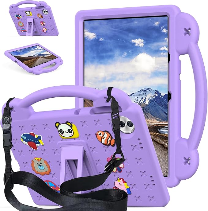 AKABEILA Compatible with Honor Pad 10 2025 12.1 inch Tablet Case, Kids Friendly Universal Lightweight Shockproof Protective Case with Shoulder Strap & Stand Handle Light Purple