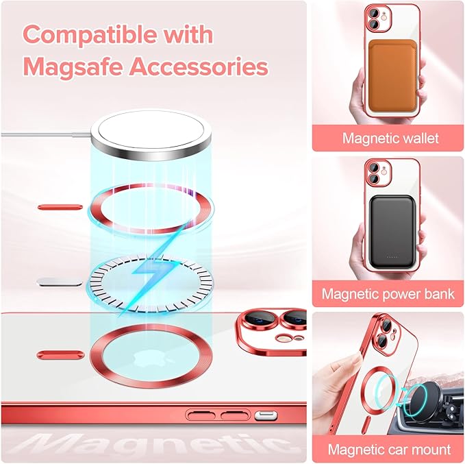 Hython Magnetic Clear for iPhone 11 Case with Camera Lens Protector [Compatible with MagSafe] Luxury Plating Edge Slim Soft TPU Cover Protective Phone Case for iPhone 11 6.1", Red