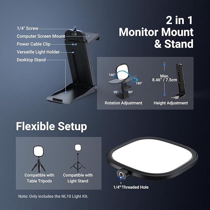 NEEWER BASICS 5" Monitor Light with Stand, Zoom Lighting for Video Conference, 10W Bi Color Edge Lit CRI95 USB LED Panel Ring Light for Desk Computer Laptop Webcam Video Call Streaming Recording, NL10