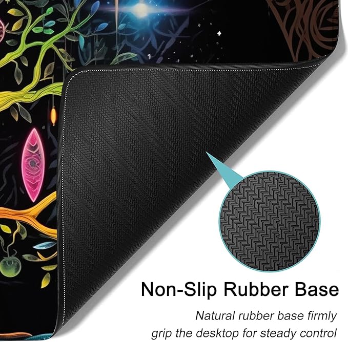 Large Mouse Pad, 31.5 x 11.8in Extended Gaming Mouse Pad with Stitched Edges, XXL Mousepad Protector Non Slip Rubber Base for Office and Home Writing Mat, Colorful Tree of Life Pattern Black Desk Mat