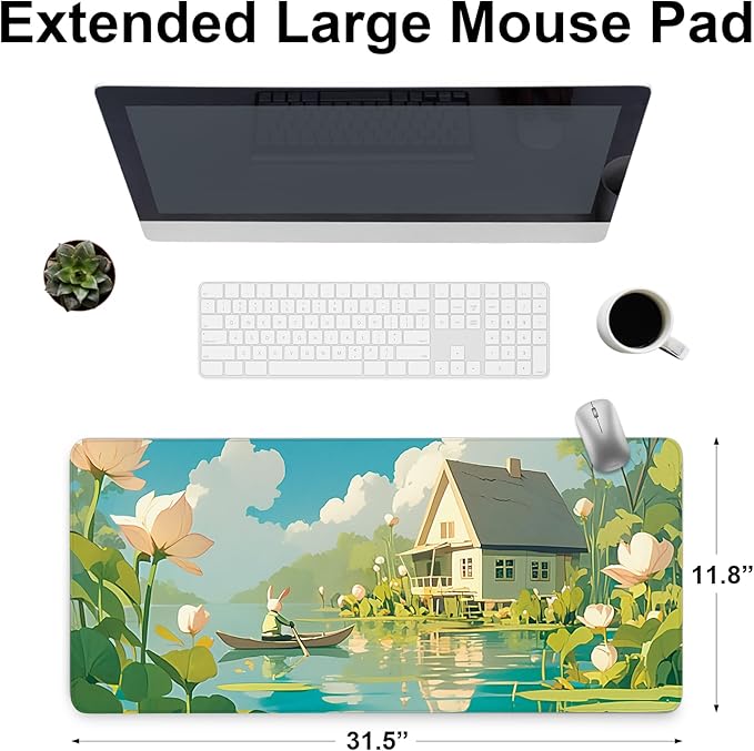 Anime Mouse Pad Large, Large Gaming Mouse Pad for Desk, Extended Desk Mousepad with Non-Slip Rubber Base Stitched Edge, Long Keyboard Mat for Gaming Home Office, Green, 31.5" x 11.8"