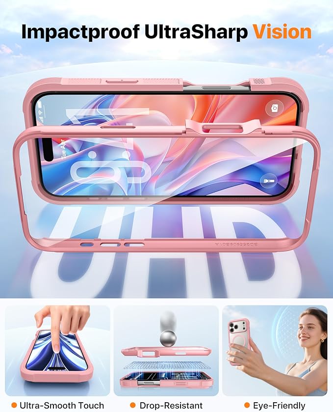 Diaclara Magnetic Designed for iPhone 17 Pro Case Full Body Bumper,[Compatible with MagSafe] Military Drop Proof Cover with Built-in Touch Sensitive Anti-Scratch Screen Protector,Pink