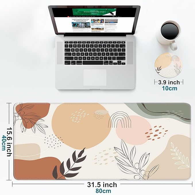 Large Gaming Mouse Pad with Coaster, Desk Matt for Desktop, Desk Pad, Mouse Pads Mat, Stitched Edges Big Extended Mousepad for Computer Keyboard Laptop Office Decor, 31.5'' x15.6''-Boho Style