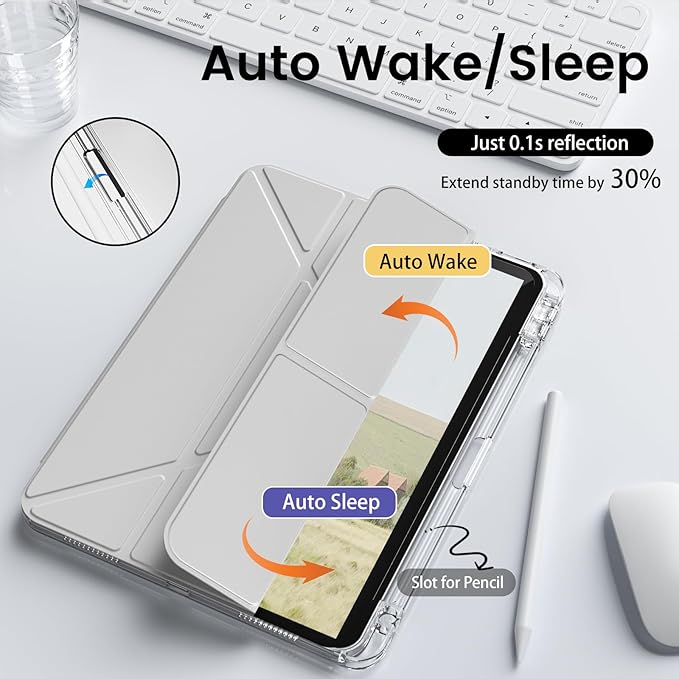 Clear Case for iPad mini 7 A17 Pro 8.3 Inch, iPad mini 7th/6th Generation Case (2024/2021),Slim Shockproof Transparent Back,Y-Shaped Mutil Angles Folding,Supports Pencil Pro&USB-C (Grey)