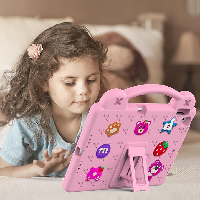 for iPad 9th Generation Case for Kids,iPad 8th 7th Gen Cover, Shoulder Strap Shockproof Cute DIY Figures Design Handle Stand Protective Rugged Case for Apple iPad 9th 8th 7th Gen 2021/2020/2019,Pink