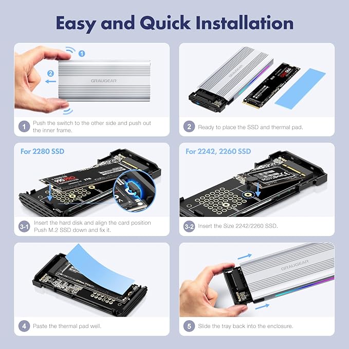 GRAUGEAR M.2 NVMe SSD Enclosure, 10Gbps USB3.2 Gen2 Tool-Free Aluminum External M2 Solid State Drive RGB Enclosure USB C, RTL9210 External Case for PCIe NVMe M-Key B+M Key [G-M901-AC-10G]