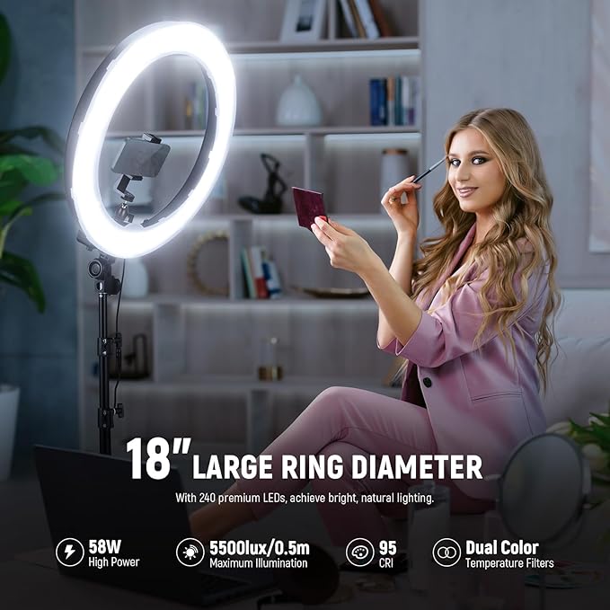 NEEWER 18 Inch/45cm LED Ring Light with Tripod Stand, Phone Holder, 58W 5600K Large Selfie Ringlight Compatible with iPhone Camera for Streaming Makeup Studio Photo Video Recording Filming, RL-18