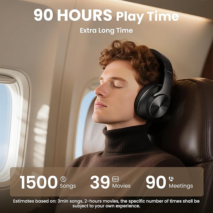 DOQAUS Bluetooth Headphones Over Ear, 90H Playtime Wireless Headphones with App Control, 9 EQ, Deep Bass, HiFi Stereo Sound, Headset for Travel Commute Gym and Study, Foldable Memory Foam