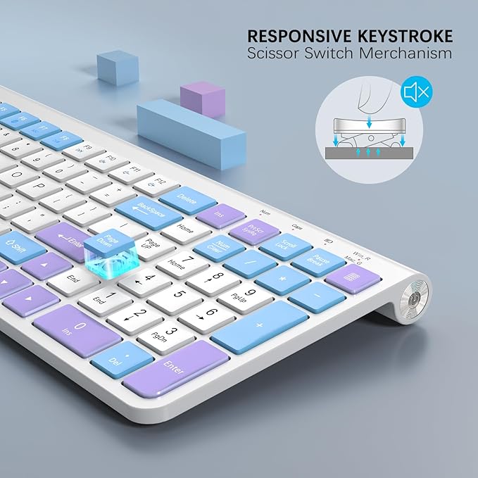 GAMCATZ Colorful Wireless Keyboard with Low-Profile Keys-Soft Touch,Cute,Quiet Design,Windows & Mac OS，Office Cordless Slient Computer Keyboard for Desktop,Laptop, PC, Mac, Windows-Purple Blue White