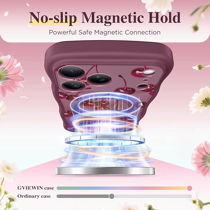 GVIEWIN for iPhone 17 Pro Max Case Compatible with MagSafe [Curly Wave Edge][Full Camera Protection] Floral Translucent Shockproof Magnetic Women Phone Case for 17 Pro Max, Ripe Cherry/Burgundy