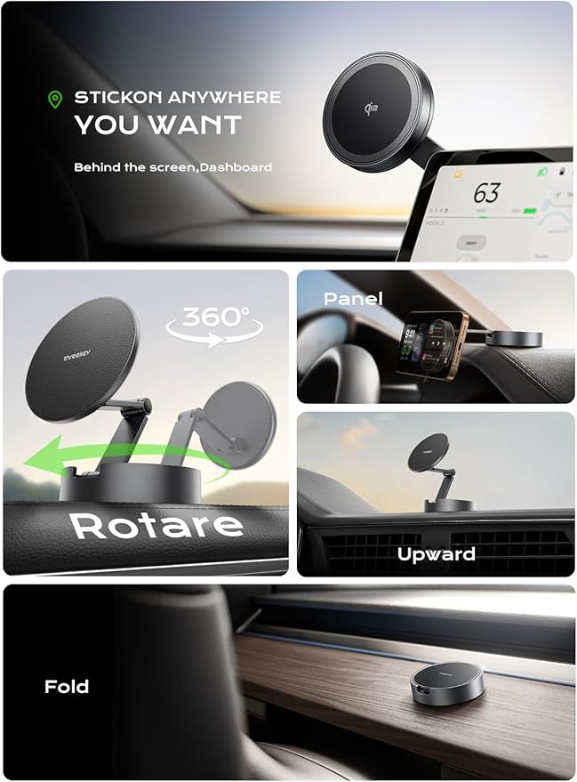 THREEKEY Qi2 Certified MagSafe Car Mount Charger Lite,Car Wireless Charger,15W Magnetic Charger Fast Charging,Retractable Phone Holder with 360°Rotation,Car Mount for iPhone17-12&Galaxy S25 Ultra