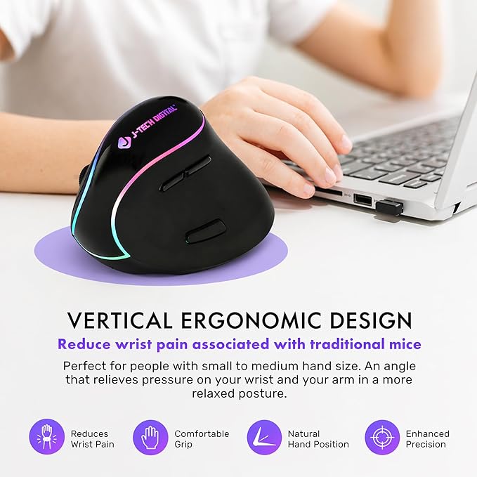J-Tech Digital Ergonomic Mouse with Wireless Connection, Removable Palm Rest, Thumb Buttons, Rechargeable Battery, 800 DPI, Compatible with Windows and MAC OS