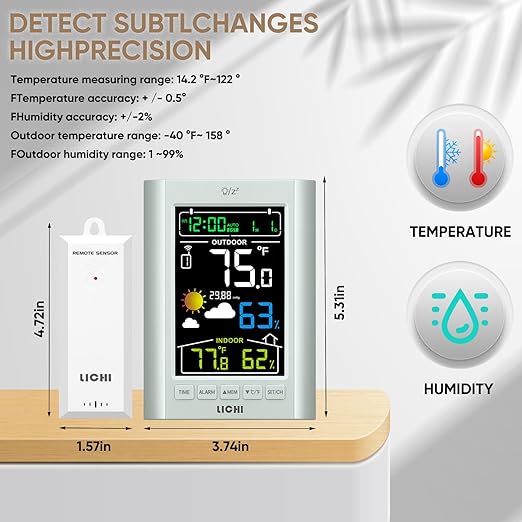 Weather Station Wireless Indoor Outdoor Thermometer， Inside Outside Temperature Humidity Monitor，with 330ft Range Sensor and Adjustable Backlight (Grey)