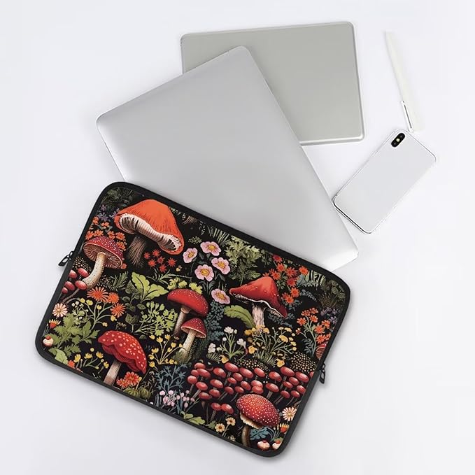 Mushroom Laptop Protective Sleeve for Women Men 17 inch Flower Computer Sleeve Neoprene Laptop Bag Lightweight Lap Top Case Suitable for Travel School Office Organizers Black
