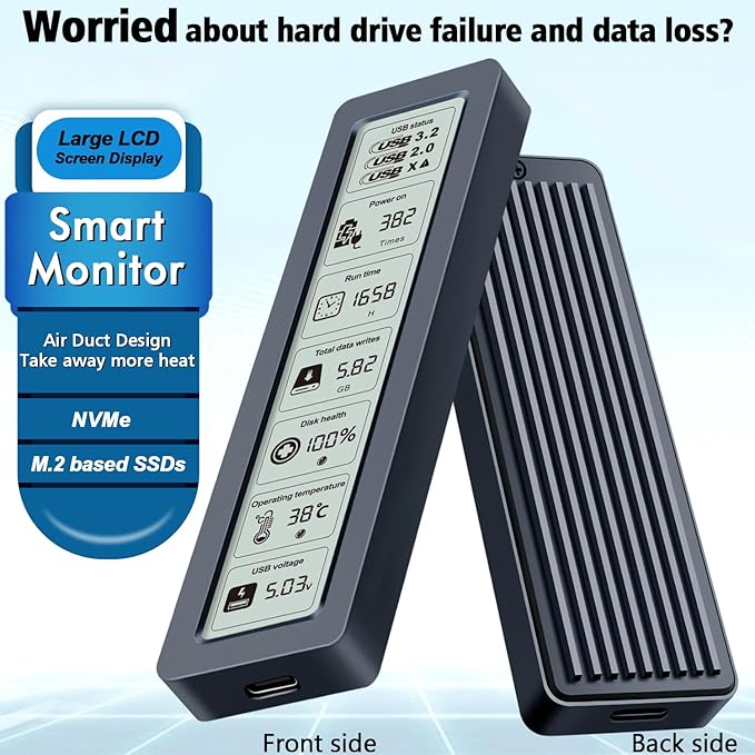 Smart M.2 NVMe SSD Enclosure, Large LCD, Intelligent Detection, Prevents Write Data Loss, USB 3.2, Type-C (10 Gbps), fits NVMe PCIe Size 2230/2242/2260/2280, Support M-Key B+M Key (up to 4TB)