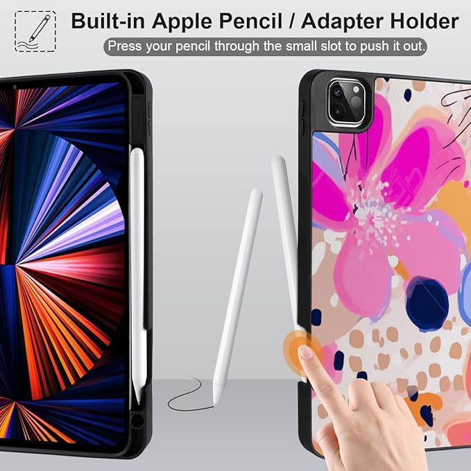 DONGKE Case for iPad Pro 12.9 inch 6th Generation 2022, Built-in Pencil Holder + Trifold Stand + Auto Wake/Sleep + Protective Cover for iPad Pro 12.9 5th/4th/3rd Gen - Floral Artistic