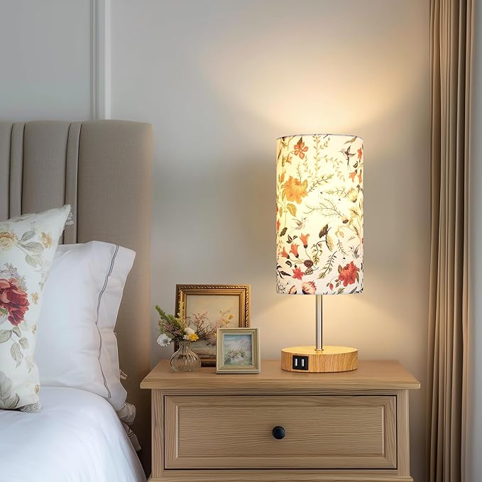 CINSARY Bedside Touch Lamp with Flower Fabric Shade, 3 Way Dimmable Wood Bedroom Lamp for Nightstand with 2 USB Charging Ports, Small Table Lamp for Living Room Reading Desk (LED Bulb Included)