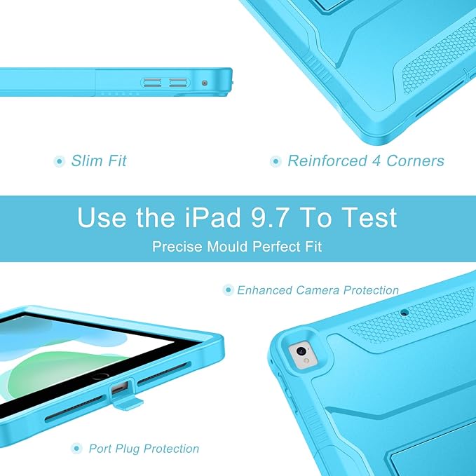 Soke Case for iPad 6th/5th Generation 9.7 Inch 2018/2017,with Built-in Screen Protector and Kickstand, Rugged Full-Body Heavy Duty Protective Cover for Apple iPad Air 2 /Pro 9.7 - Cyan Blue