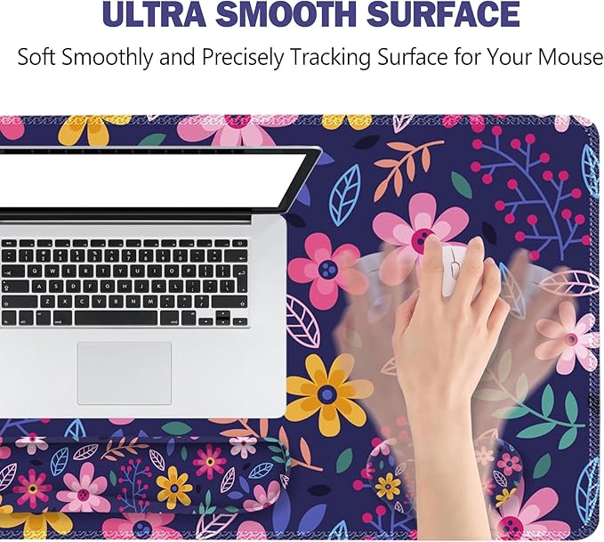 ToLuLu Extended Gaming Mouse Pad, Memory Foam Ergonomic Keyboard Mouse Wrist Rest Support Set, Large Desk Mat with Stitched Edges, Non-Slip Base Mousepad for Home Office Game Study, Purple Flowers