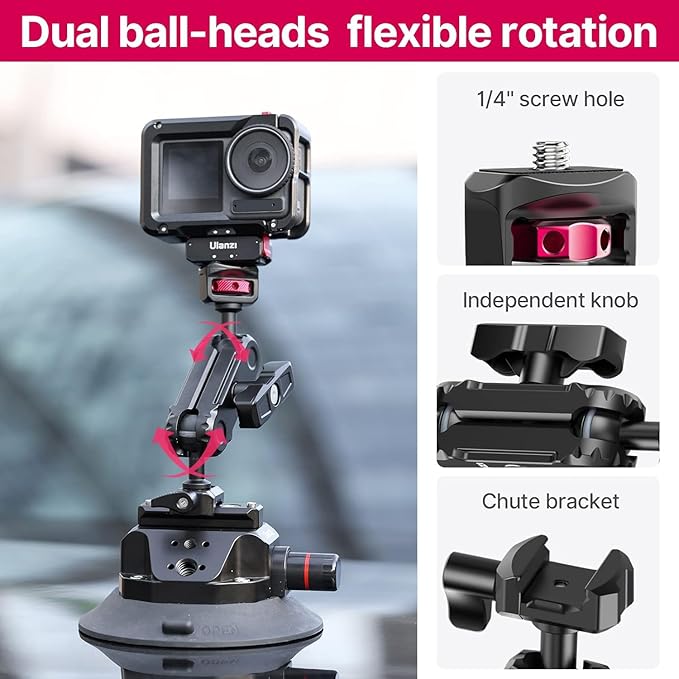 ULANZI SC-02 Suction Mount 4.5'', Magic Arm Bracket for DSLR Cameras Action Camera Video Shooting Filming, Compatible with DJI OSMO Pocket 3 Pocket 4/Insta 360 x5/OSMO 360/Sony/Xtra Action Cameras