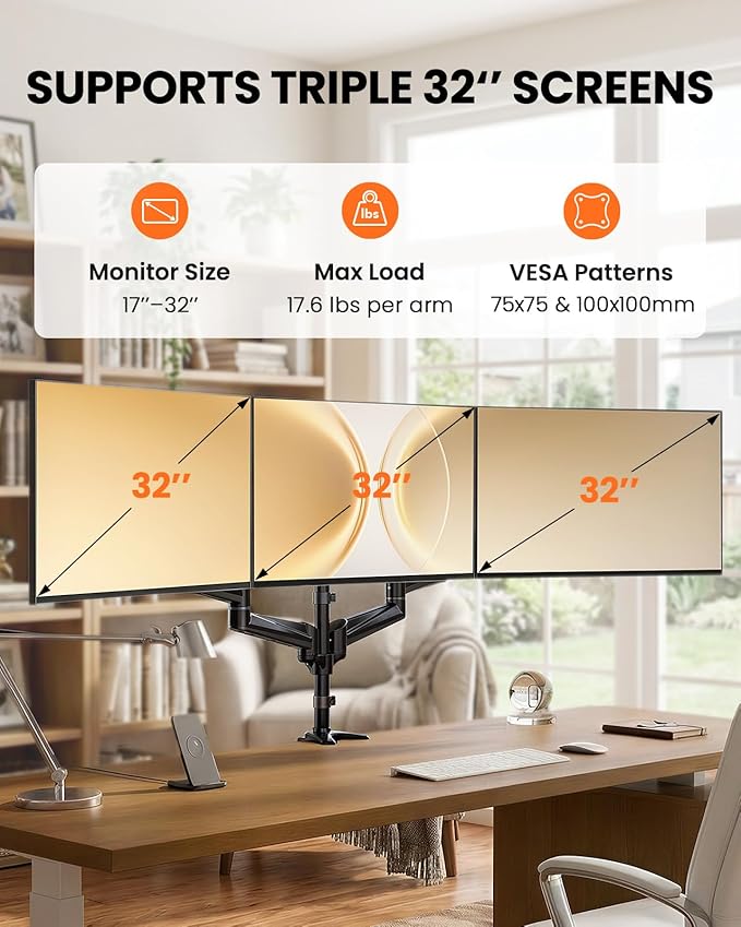 ErGear Triple Monitor Mount, Fully Adjustable Gaming 3 Monitor Desk Mount for 17 to 32 inch Computer Screens, Swivel, Tilt, Rotation, C-Clamp & Grommet Base