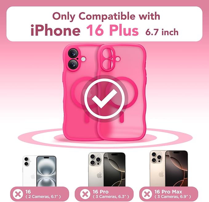 CAPRARO for iPhone 16 Plus Case for Women Girls, Upgraded [Full Camera Protection] [Compatible with MagSafe] Cute Wave Translucent Matte Phone Case for iPhone 16 Plus, Hot Pink