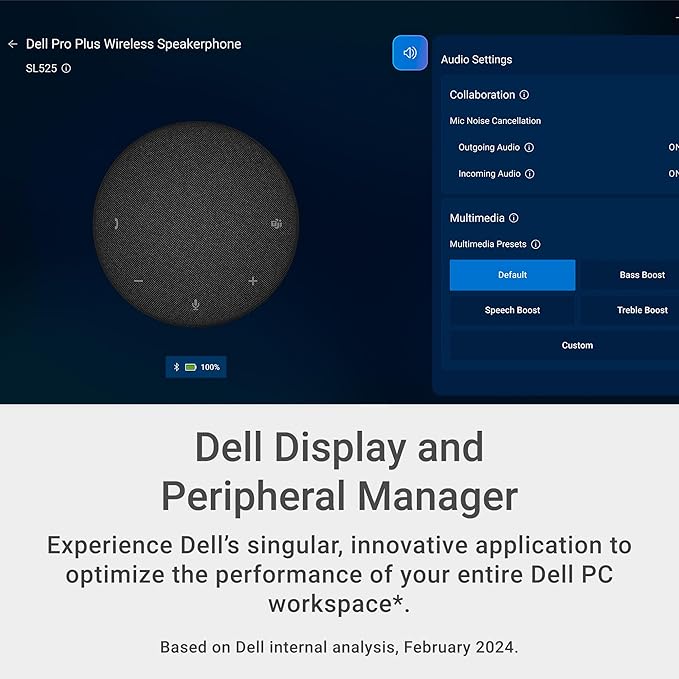 Dell Pro Plus Wireless Speakerphone - SL525 - USB-C, Zoom/Microsoft Teams Certified, Wired/Wireless, Bluetooth 5.3, Omni-Directional, AI-Based Noise Cancellation