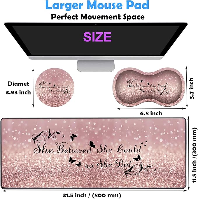 3 Piece Mouse Pad Set with Stitched Edge Large Anti-Slip Mouse Pad Desk Pad Keyboard Pad + Wrist Rest Pad + Coaster, Memory Foam Wrist Rest for Office/Home - She Believed She Could So She Did