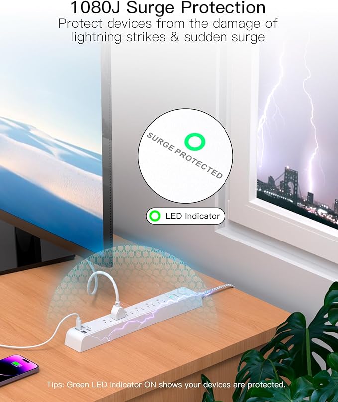Surge Protector Power Strip 10 ft with 4 USB Ports 2 USB-C 6 AC Outlets, Flat Plug Extension Cord, USB Charging Station, Wall Mountable for Home, Office, Dorm Essentials, 1080J, ETL Listed