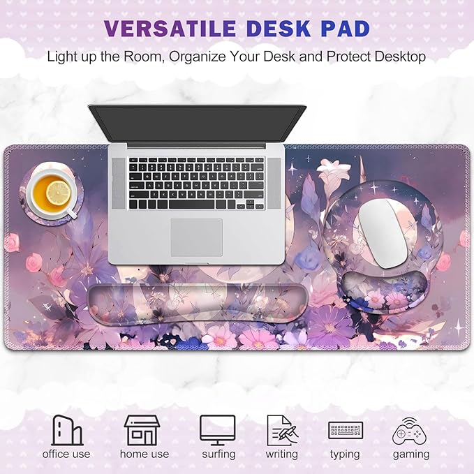 Large Desk Mat, Gaming Mouse Pad, Desk Pad Protector, XXL Mousepad + Keyboard Wrist Rest+Mouse Wrist Rest+Coaster Set with Ergonomic Desk Pad for Home Office PC Computer, Pastel Purple Flower Moon