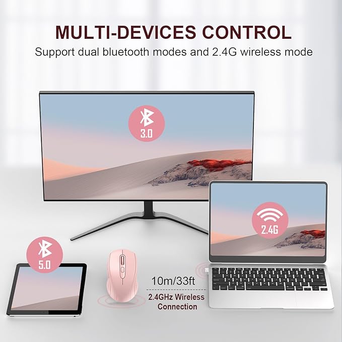 TECKNET Bluetooth Mouse, 4000DPI Wireless Mice for Laptop 2-in-1(BT 5.0/3.0+2.4Ghz) Computer Portable PC Mouse Wireless with USB Receiver for Mac (USB-A+Bluetooth, Pink)