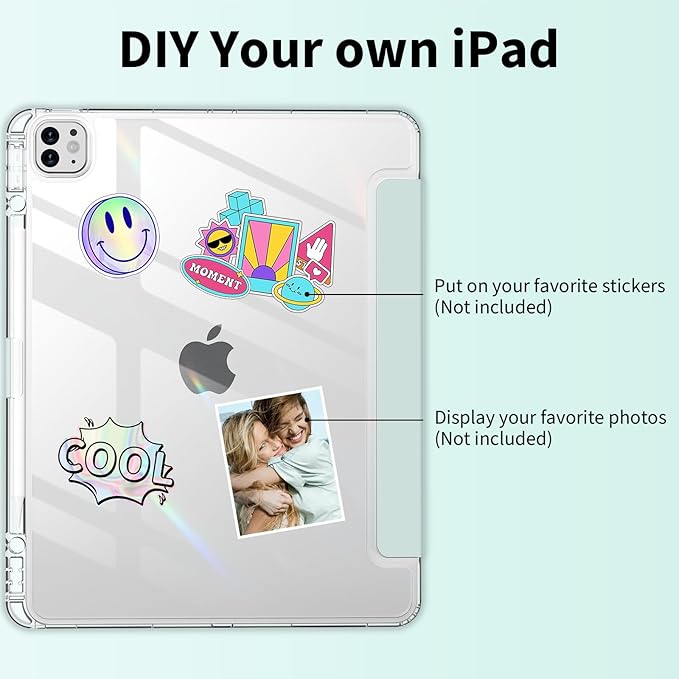 Clear Case for iPad Pro 12.9 inch 6th/5th/4th/3rd Gen with Pencil Holder [Support Pencil Charging] Auto Wake/Sleep, Lightweight Shockproof Trifold Stand Transparent Hard PC Back Cover, Tender Green