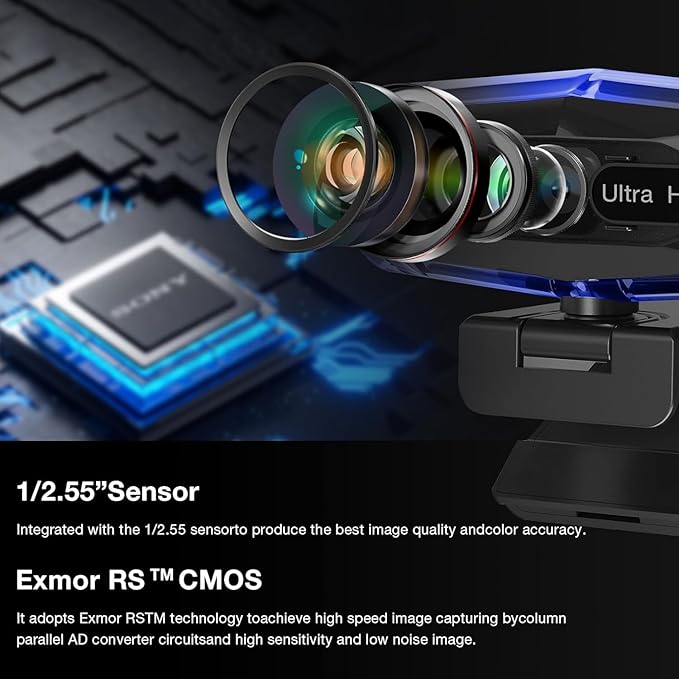 4K Ultra HD Remote Control with Stand Webcam, LED RGB Lighting, 95-Degree Wide Angle, Auto Focus, 1080P@60FPS, Black, USB 2.0, for Video Conferencing, Desktop/Laptop