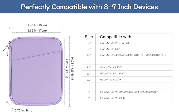 Dadanism 8-9 Inch Tablet Sleeve Bag Carrying Case for iPad mini 7th/6th 8.3", iPad mini 7.9", Galaxy Tab A7 Lite/A9 8.7", ‎Remarkable Paper Pro Move 7.3" 2025, Tab M8 8", Tab M9 9", Grey Purple