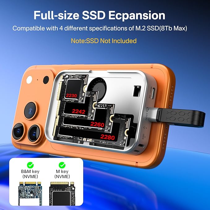 ACASIS 10Gbps Magnetic M.2 NVMe SSD Enclosure With 4K ProRes Recording M.2 EnclosureCompatible IPhone 17/16/15 Pro/Pro Max Magnetic SSD Enclosure with Cooling Fan For Video Editor/Blogger/Videographer