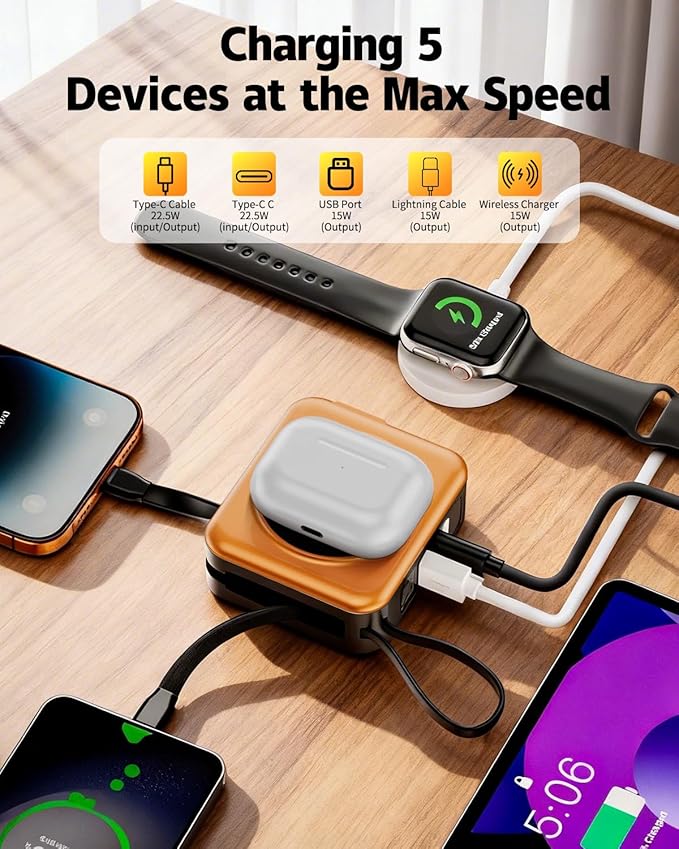 for Magsafe Portable Charger with Built-in Cables and AC Wall Plug, 10000mAh Magnetic Wireless Power Bank 22.5W Type-C in & Out Fast Charging Battery Pack for iPhone 17/16/15/14/13/12 Series, Orange