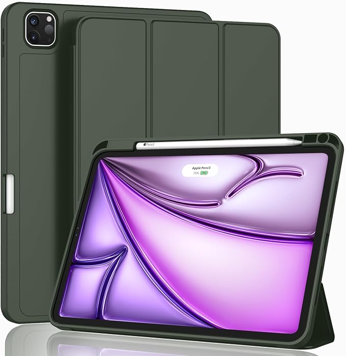 ZryXal New iPad Air 13 Inch Case M3 2025/M2 2024 with Pencil Holder, Trifold Stand Smart Case with Soft TPU Back,Auto Wake/Sleep(Dark Green)