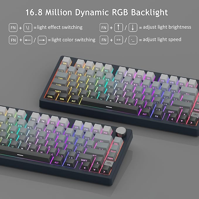 MageGee LIGHT75 Wireless Creamy Keyboard, Tri-Mode Bluetooth/2.4GHz/USB-C RGB Backlit, Gasket Hot Swappable Custom Gaming Keyboard for Win/Mac/PC, with Knob, Side Printed PBT Keycaps, Black